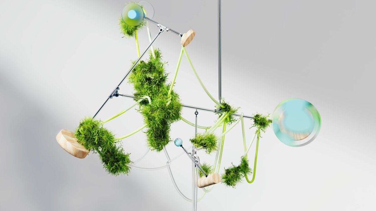 3D Render of Grass Growing on Metal Sticks.