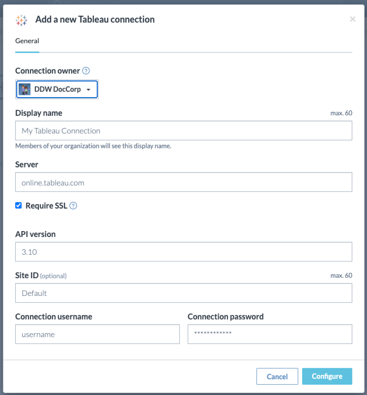 New Tableau Connection Screenshot.