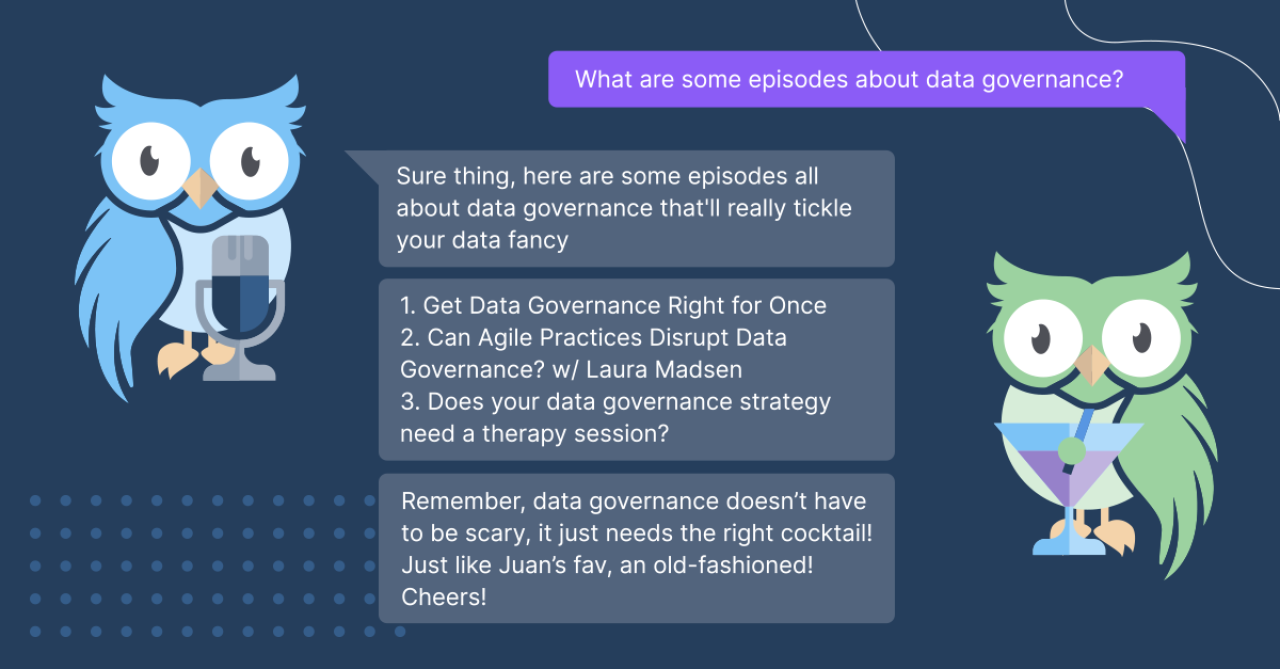 Two owls having a text chat - they are the mascots of our podcast, Catalog & Cocktails.
